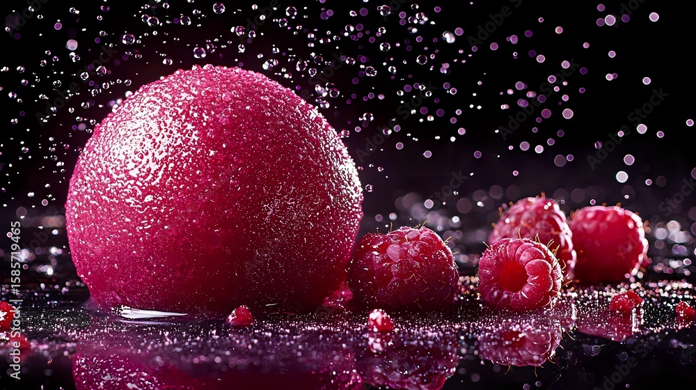 Poster fresh ripe raspberries with water drops and splashes on dark background, macro shot with selective f