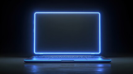 Vibrant photo of blue neon glowing open laptop, dark background.