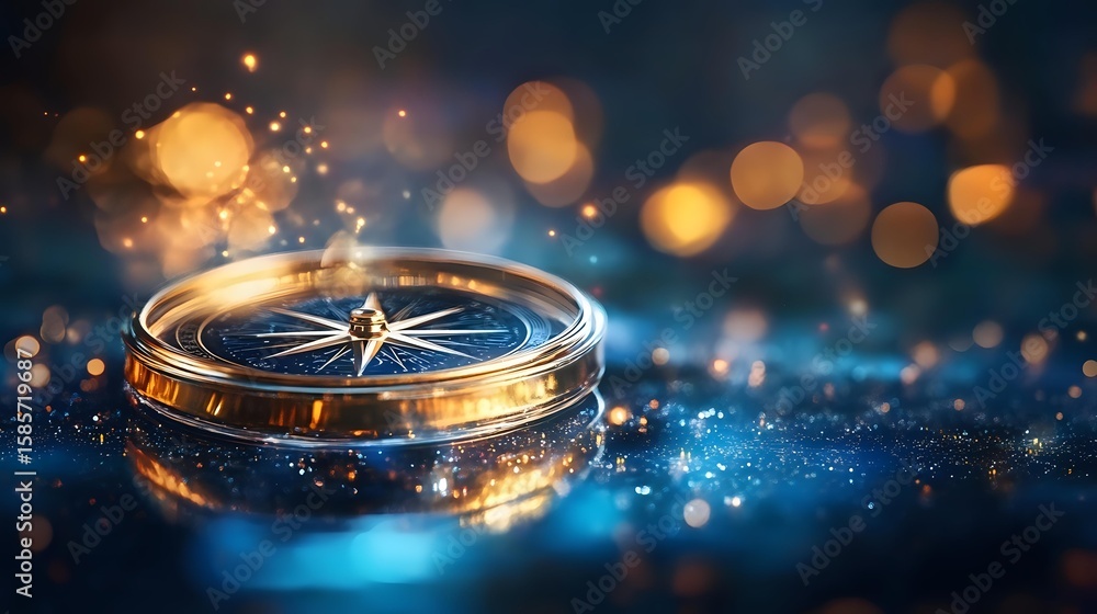 Poster golden compass on dark blue glittery surface with magical bokeh lights and sparkles in background, c