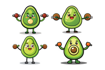 Avocado character lifting tiny dumbbells, solid green color eps
