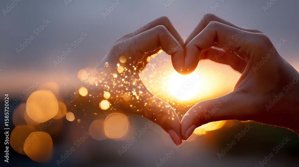 Poster hands forming heart shape against sunset with magical sparkles and bokeh lights creating romantic at