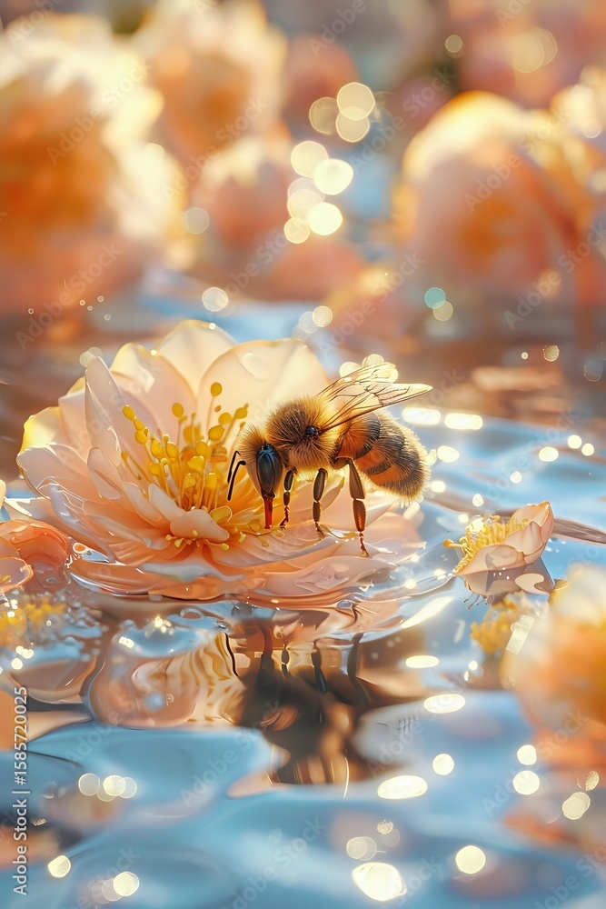 Aufkleber honey bee collecting nectar from peach rose floating on water surface with magical bokeh lights and 