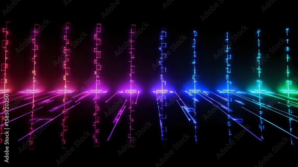 Poster glowing neon lines and dots forming abstract geometric pattern with gradient color transition from p