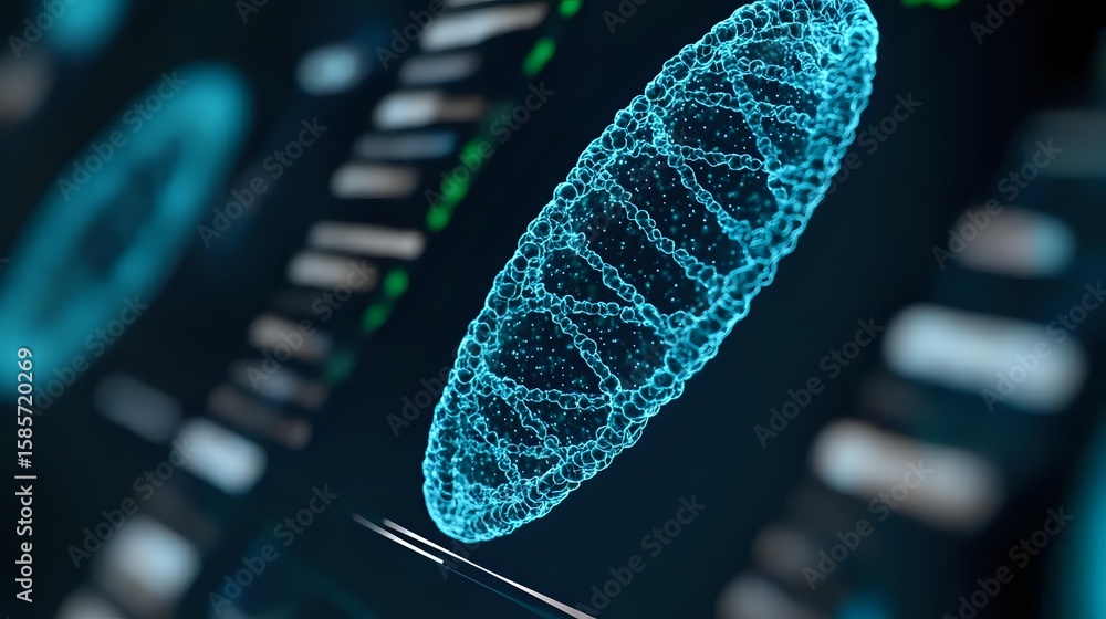 Aufkleber glowing blue mitochondrial structure with dna helix pattern against dark background showing cellular