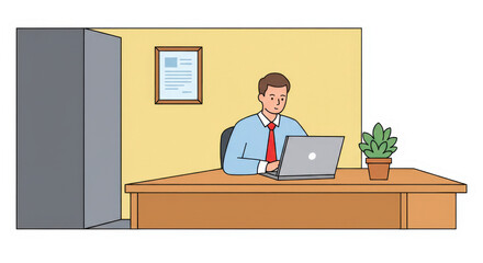 Businessman Working on Laptop in Office Illustration