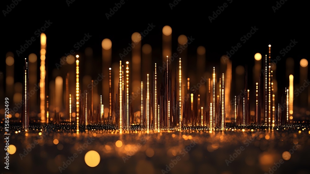 Poster glowing vertical light lines rising from sparkling golden surface against dark background create mag