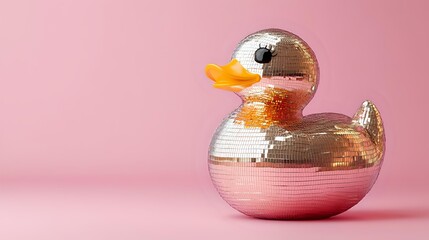 Shiny disco ball in shape of rubber duck with orange beak on pink background. Creative party decoration concept combining retro and modern elements.