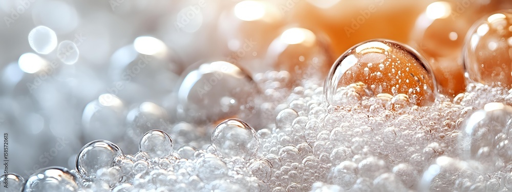 Poster delicate soap bubbles with orange and blue bokeh light effects create dreamy abstract macro backgrou