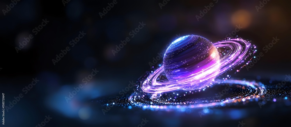 Poster glowing purple and blue planet with luminous rings floating in dark space, surrounded by sparkling s