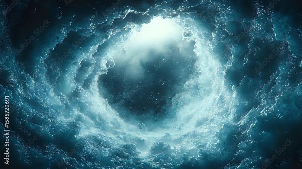 Poster dramatic upward view through swirling storm clouds forming circular vortex pattern with glowing ligh