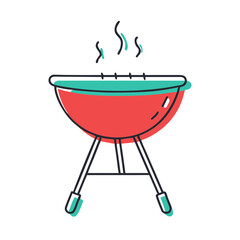 Red barbecue grill with smoke on white background, concept of icon