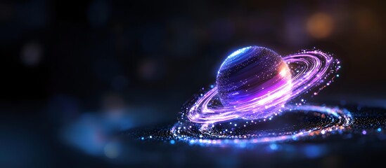 Glowing purple and blue planet with luminous rings floating in dark space, surrounded by sparkling stardust and cosmic particles creating magical atmosphere.