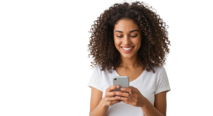 Happy young woman using her smartphone isolated PNG with Transparent Background