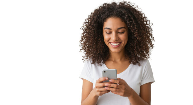 Happy young woman using her smartphone isolated PNG with Transparent Background