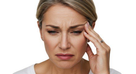 Woman with stressed expression holding her head isolated PNG with Transparent Background