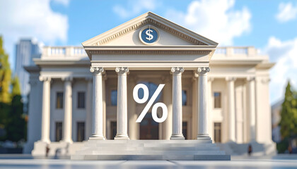 Classical Bank Building Exterior with Large Percentage Symbol