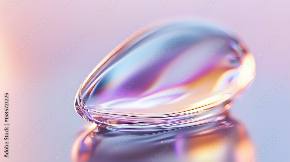 Poster macro shot of transparent liquid drop with iridescent rainbow reflections on smooth glossy surface i