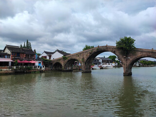 The beautiful Fangsheng bridge with the canal at Zhujiajiao Ancient Town.