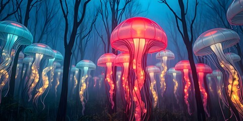 Bioluminescent Jellyfish Forest at Night
