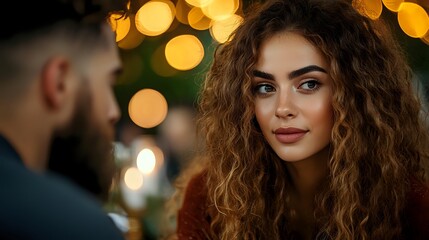Young mixed race woman with curly hair and natural makeup looking at bearded man during romantic evening date with bokeh lights background.