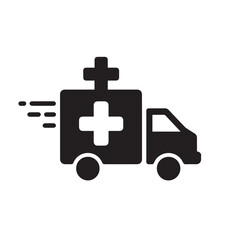 Obraz premium A black silhouette of an ambulance with a large white cross, speeding forward with motion lines, isolated on a white background