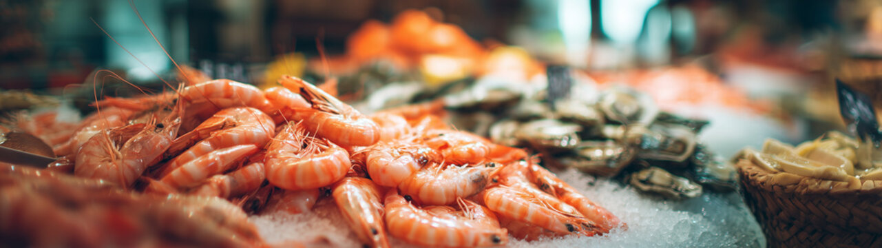 Fresh shrimp and other seafood are displayed in a shop or fish market