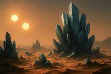 Sci-Fi Crystal Desert with Dual Suns