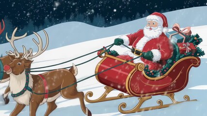 Santa claus riding a red sleigh pulled by reindeer across a snowy landscape with falling snow during christmas night animation footage. - Powered by Adobe