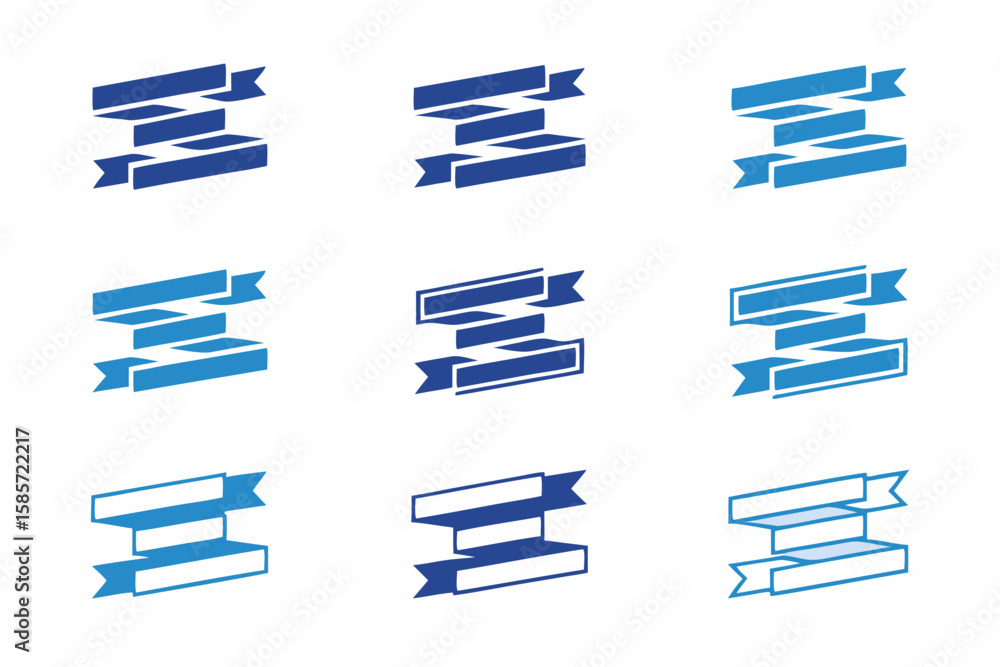 Poster collection of nine blue banners arranged in a grid pattern on a white background display image