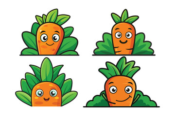 Carrot character peeking shyly from behind its green leaves, solid orange and green colors eps
