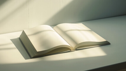 Minimalist photo of blank open book with sunlight streaming across pages