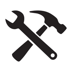 Solid black icon of crossed wrench and hammer on white background representing tools, construction, maintenance, and repair services