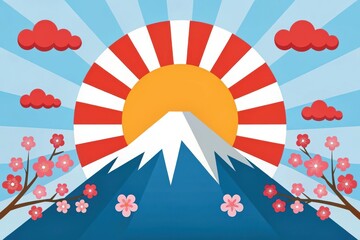 Mount fuji sunrise with cherry blossoms and red clouds
