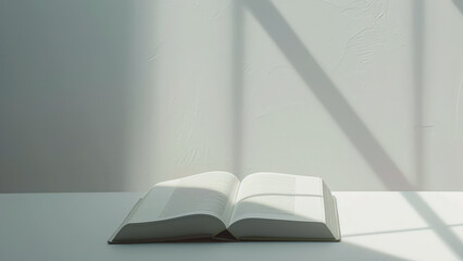 Minimalist photo of blank open book with sunlight streaming across pages