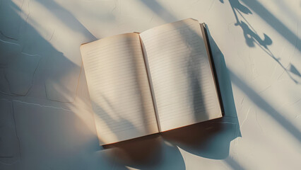 Minimalist photo of blank open book with sunlight streaming across pages
