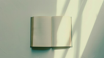 Minimalist photo of blank open book with sunlight streaming across pages