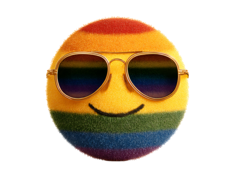 Happy rainbow emoji wearing cool sunglasses, Isolated On White, Transparent Background, Png - Powered by Adobe