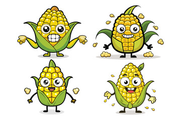 Corn cob character with kernels popping off its body like popcorn, solid yellow color, eps