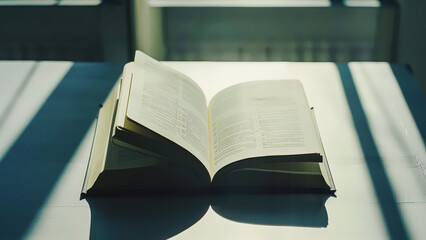 Minimalist photo of blank open book with sunlight streaming across pages