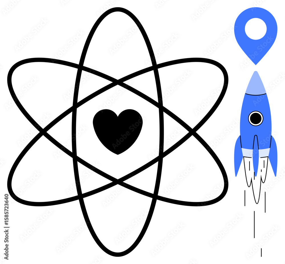 Poster atomic structure with heart nucleus paired with a blue rocket launching from a location pin. ideal f