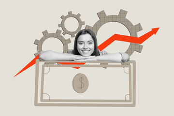 Sketch image sketch 3d collage poster of happy businesswoman peek dollar banknote income arrow...
