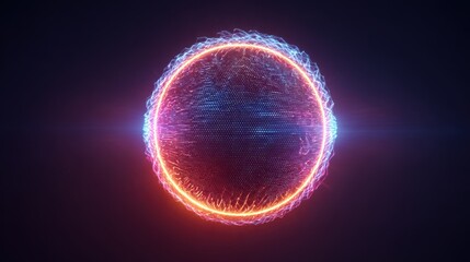 Vibrant photo of bright neon 3d sphere in the space. Glowing particle 3d energy orb. Abstract technology, science, neural networks, and artificial intelligence. Virtual.