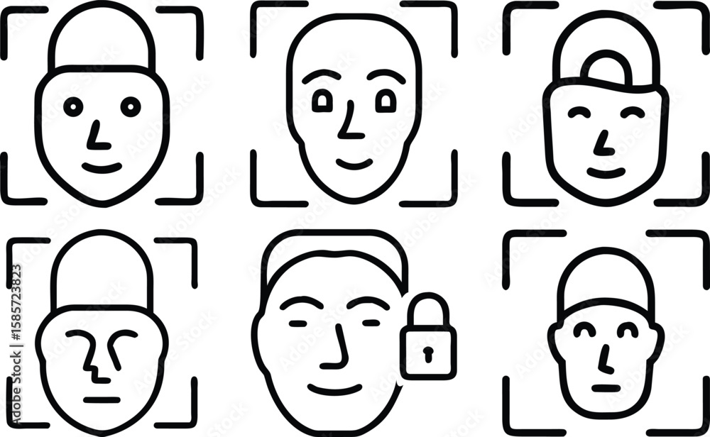 Poster facial recognition icons depicting security authentication privacy and data protection concepts