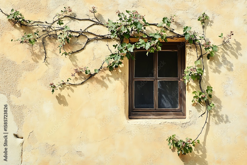Poster an adobe home with old textured walls and sparse climbing vines