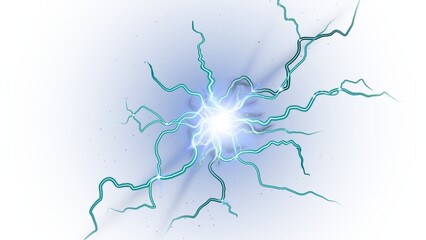 Abstract electric burst with glowing blue energy lines radiating from a central bright core on a white background. High-tech, sci-fi visual representing power, energy explosion,