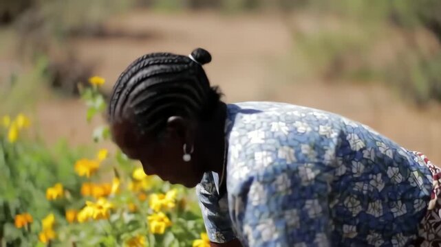 An older African woman with braided hair gardening in a rural outdoor setting with yellow flowers