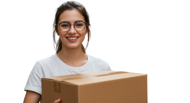 Smiling young woman carrying cardboard box isolated PNG with Transparent Background