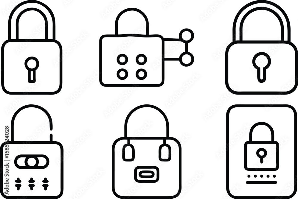 Poster set of outline style lock icons representing security and protection concepts