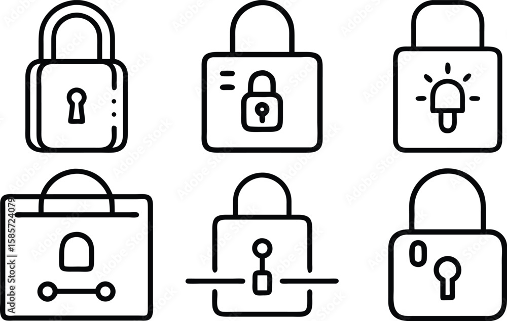 Poster diverse collection of modern outline style lock and security icons for digital applications