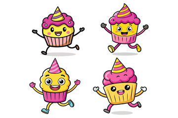 Cupcake character wearing a tiny party hat and jumping excitedly, solid pink and yellow colors eps